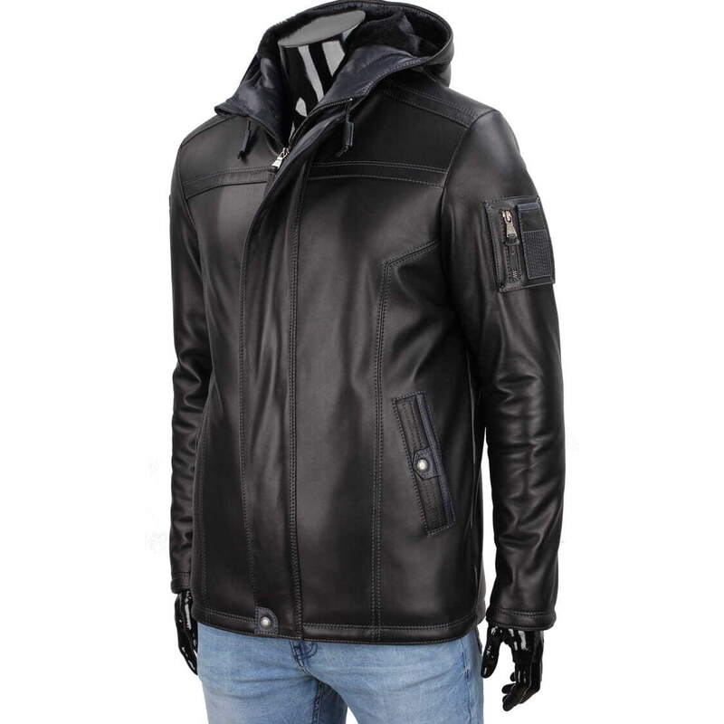 CARLO MONTI AMD450_1 - Czarna męska kurtka zimowa z kożuszkiem i kapturem DORJAN