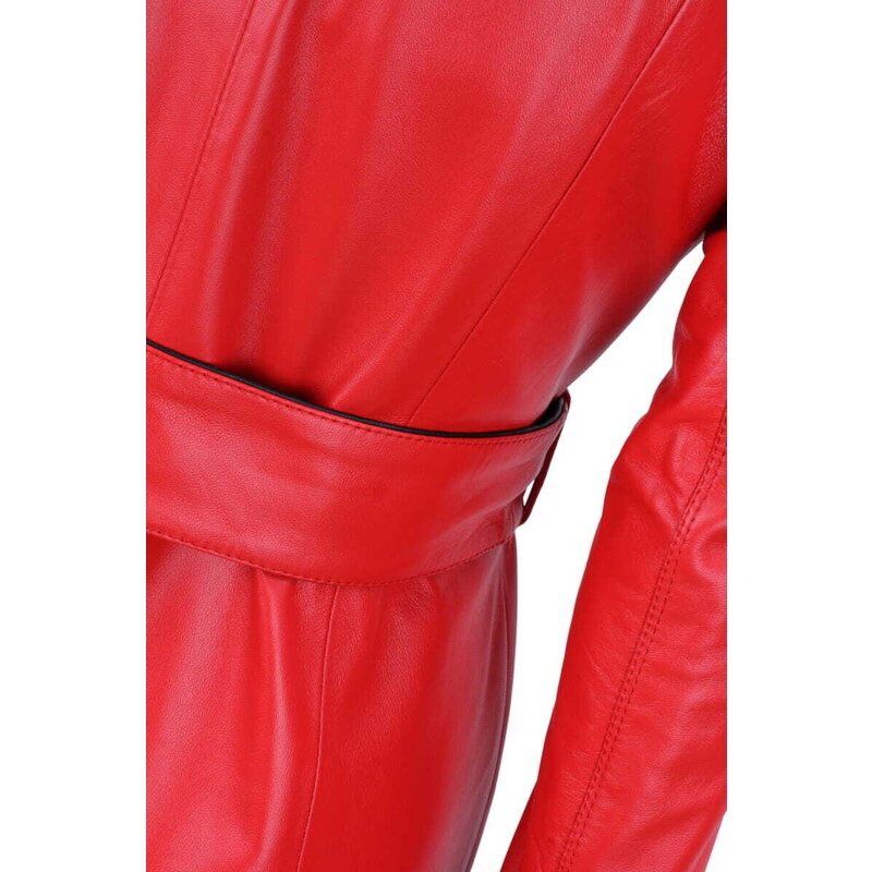 KRN462 - klasyczny czerwony płaszcz skórzany damski z pasem DORJAN