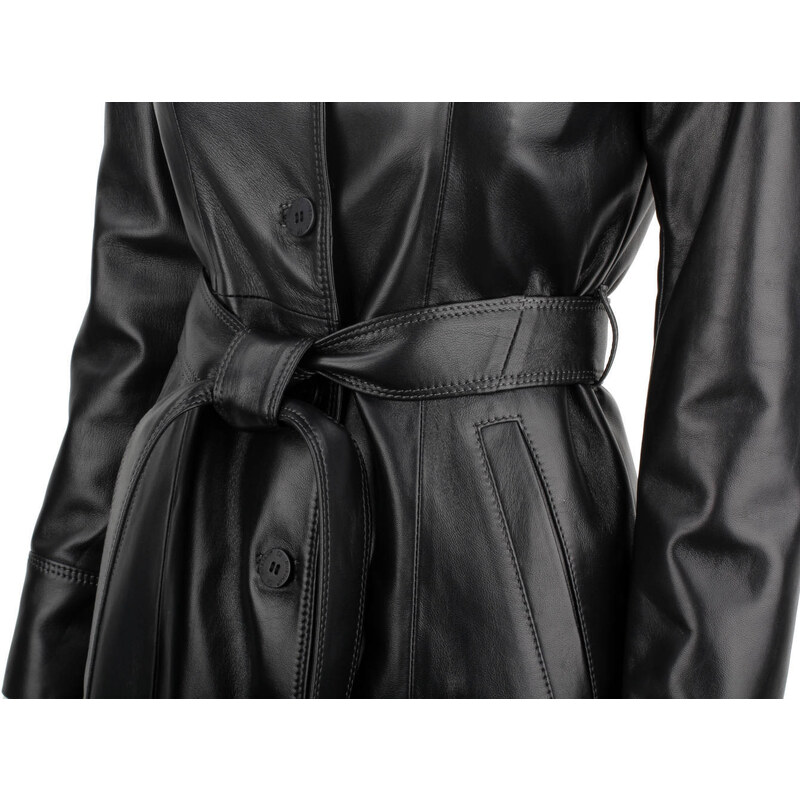 KRND450 - długi czarny płaszcz skórzany damski z paskiem DORJAN