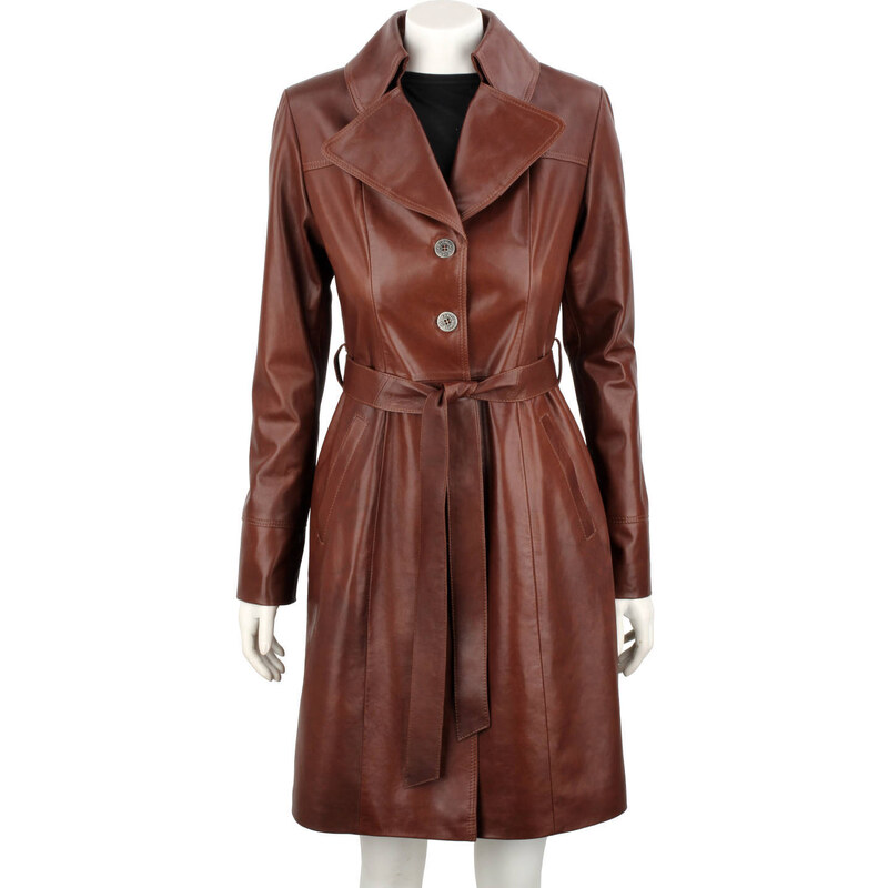 KRN122 - brązowy damski płaszcz skórzany wiązany w talii DORJAN