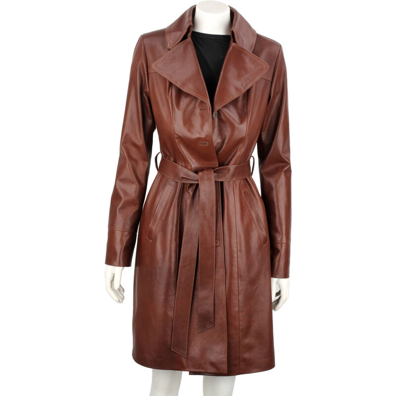 KRN122 - brązowy damski płaszcz skórzany wiązany w talii DORJAN