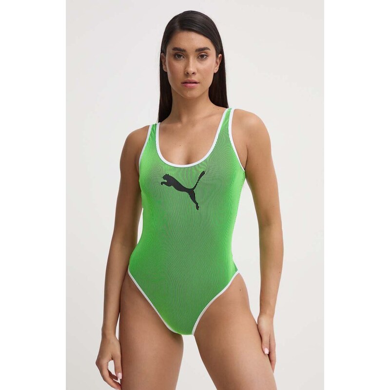 Puma jednoczęściowy strój kąpielowy Contour Rib kolor zielony miękka miseczka 938342