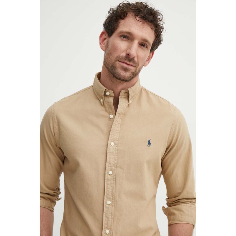 Polo Ralph Lauren koszula bawełniana męska kolor beżowy regular z kołnierzykiem button-down 710889739001