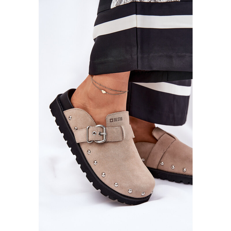 Big Star Shoes Zamszowe Klapki Chodaki Damskie Na Platformie Big Star RR274A376 Beżowe
