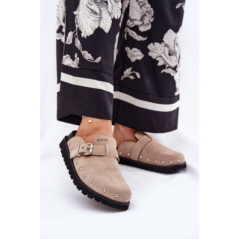 Big Star Shoes Zamszowe Klapki Chodaki Damskie Na Platformie Big Star RR274A376 Beżowe