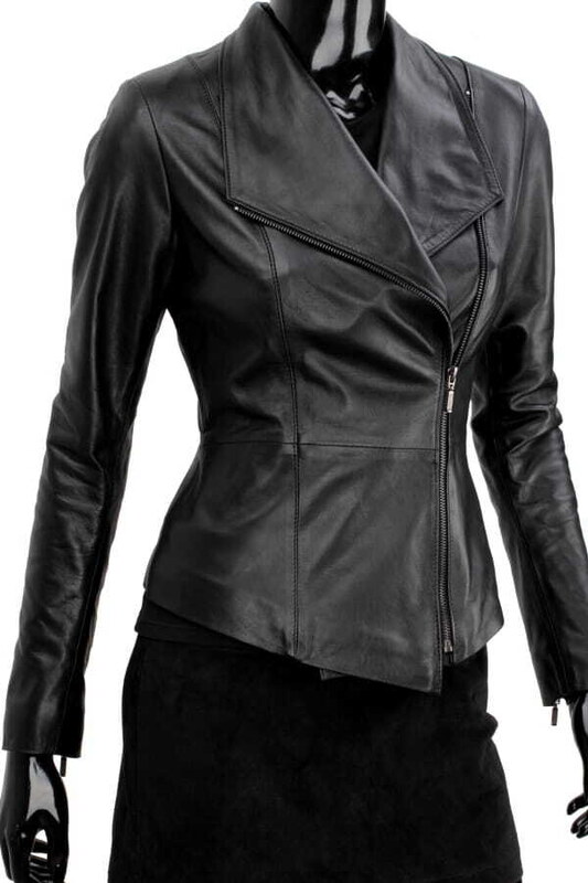 EMI450 - czarna kurtka skórzana damska z szerokim kołnierzem DORJAN
