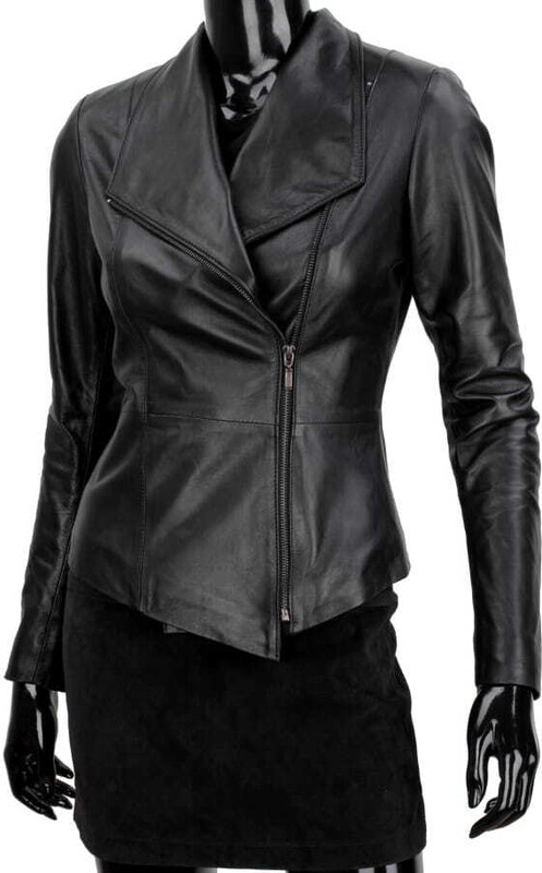 EMI450 - czarna kurtka skórzana damska z szerokim kołnierzem DORJAN