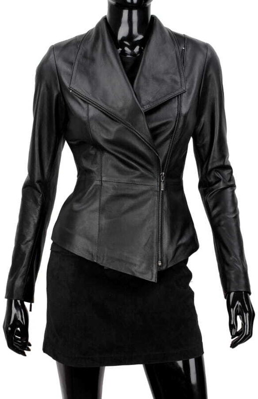 EMI450 - czarna kurtka skórzana damska z szerokim kołnierzem DORJAN