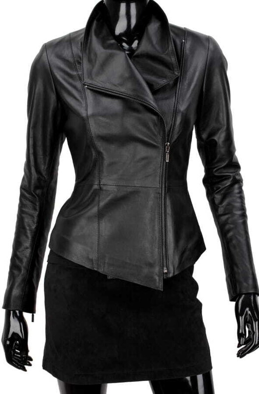 EMI450 - czarna kurtka skórzana damska z szerokim kołnierzem DORJAN
