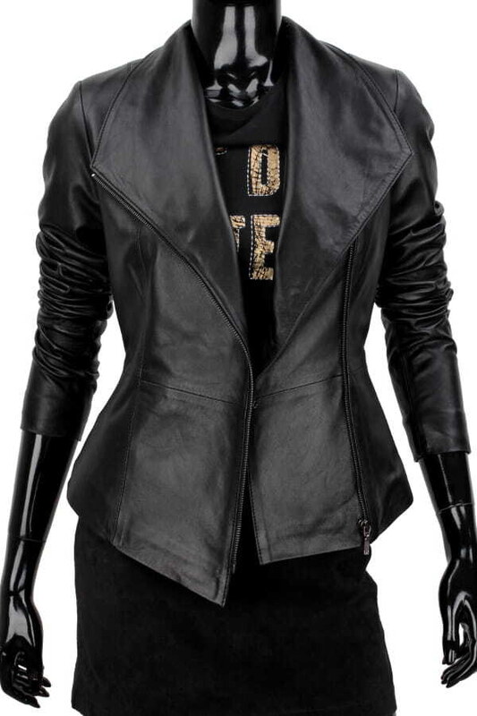 EMI450 - czarna kurtka skórzana damska z szerokim kołnierzem DORJAN