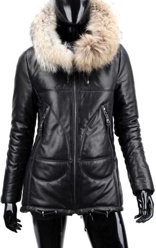 CARLO MONTI ADL450 - ocieplana czarna parka skórzana damska z kapturem DORJAN