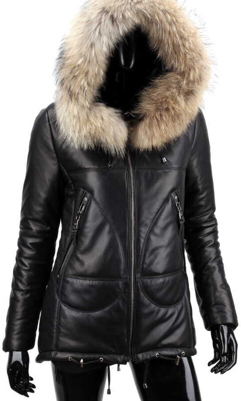 CARLO MONTI ADL450 - ocieplana czarna parka skórzana damska z kapturem DORJAN