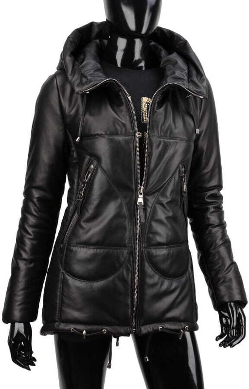CARLO MONTI ADL450 - ocieplana czarna parka skórzana damska z kapturem DORJAN