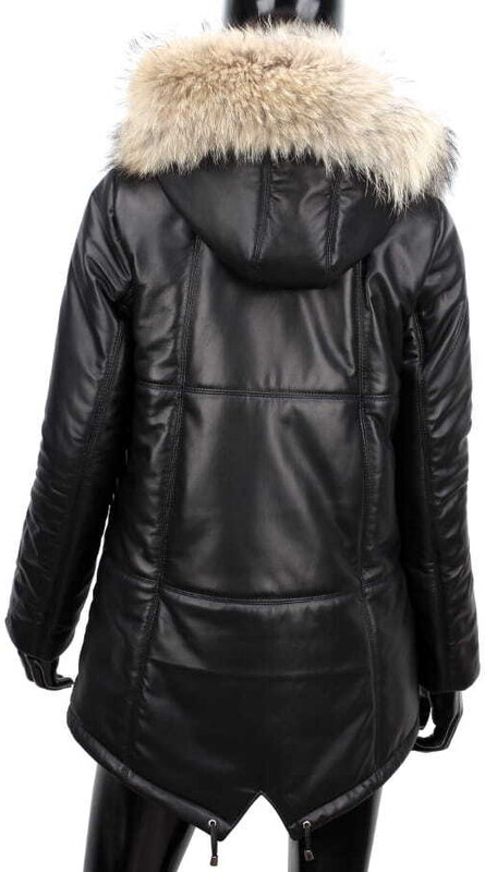 CARLO MONTI ADL450 - ocieplana czarna parka skórzana damska z kapturem DORJAN