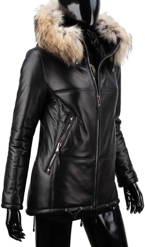 CARLO MONTI ADLA450 - czarna parka skórzana damska z futerkiem na kapturze DORJAN