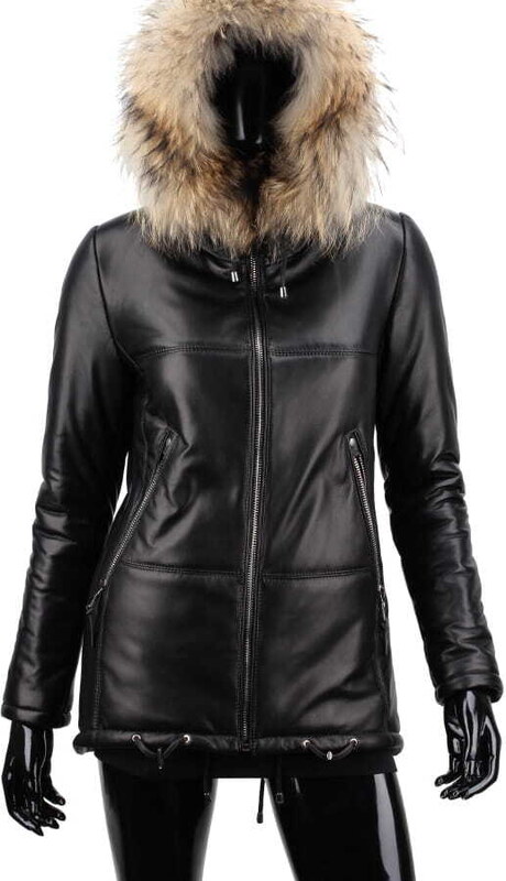 CARLO MONTI ADLA450 - czarna parka skórzana damska z futerkiem na kapturze DORJAN