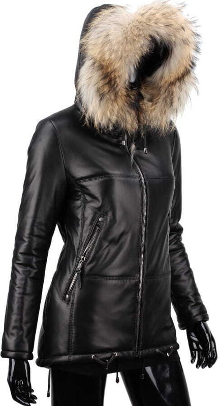 CARLO MONTI ADLA450 - czarna parka skórzana damska z futerkiem na kapturze DORJAN