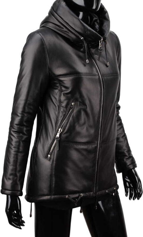 CARLO MONTI ADLA450 - czarna parka skórzana damska z futerkiem na kapturze DORJAN