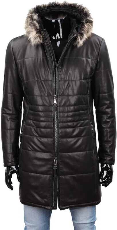 CARLO MONTI EDW450 - Ciepły pikowany płaszcz skórzany męski z kapturem DORJAN