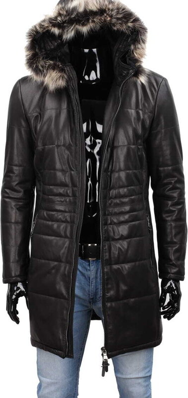 CARLO MONTI EDW450 - Ciepły pikowany płaszcz skórzany męski z kapturem DORJAN