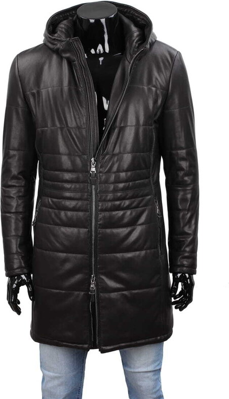 CARLO MONTI EDW450 - Ciepły pikowany płaszcz skórzany męski z kapturem DORJAN
