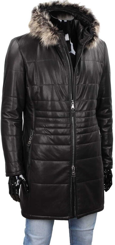 CARLO MONTI EDW450 - Ciepły pikowany płaszcz skórzany męski z kapturem DORJAN