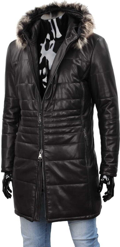 CARLO MONTI EDW450 - Ciepły pikowany płaszcz skórzany męski z kapturem DORJAN