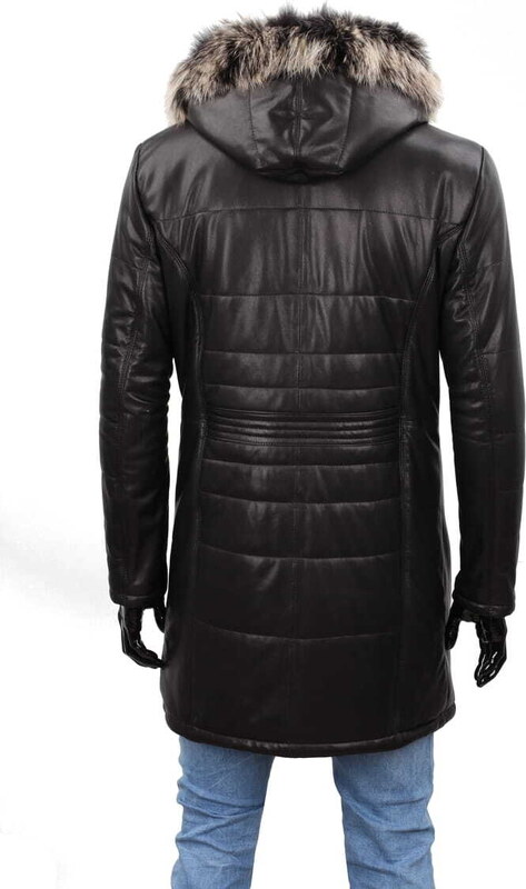 CARLO MONTI EDW450 - Ciepły pikowany płaszcz skórzany męski z kapturem DORJAN