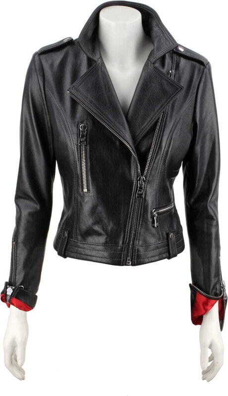 AUR450 - Rockowa ramoneska skórzana z czerwoną podszewką DORJAN