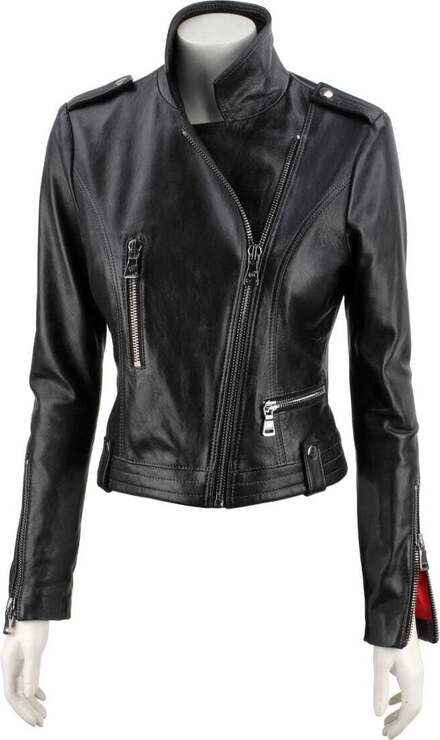 AUR450 - Rockowa ramoneska skórzana z czerwoną podszewką DORJAN