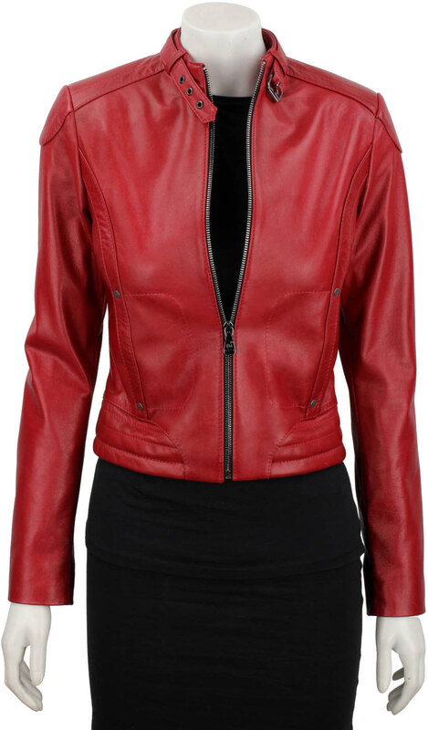 EWA467 - Czerwona skórzana kurtka damska w typie kurtki biker DORJAN
