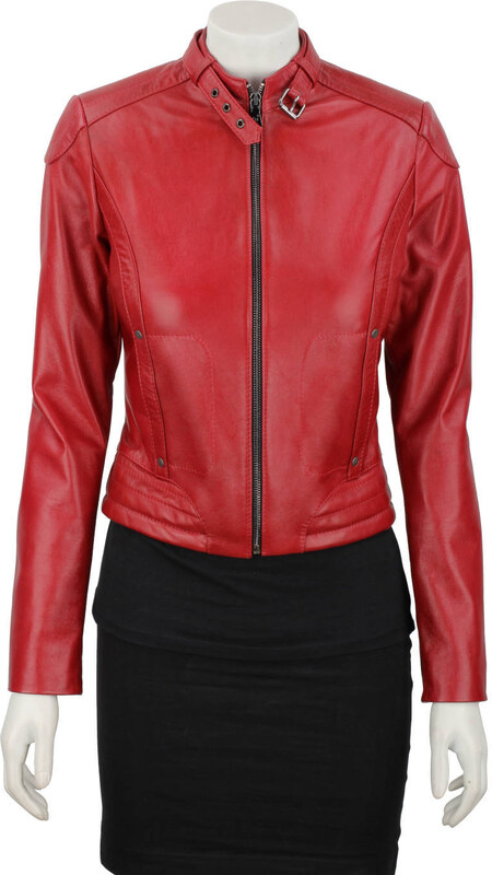 EWA467 - Czerwona skórzana kurtka damska w typie kurtki biker DORJAN