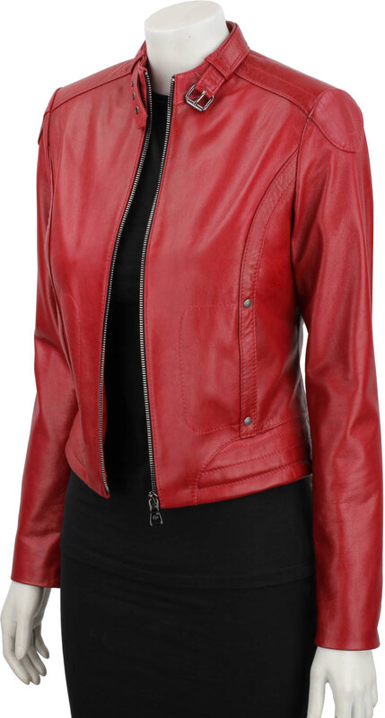 EWA467 - Czerwona skórzana kurtka damska w typie kurtki biker DORJAN