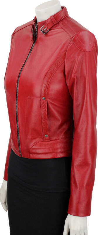 EWA467 - Czerwona skórzana kurtka damska w typie kurtki biker DORJAN