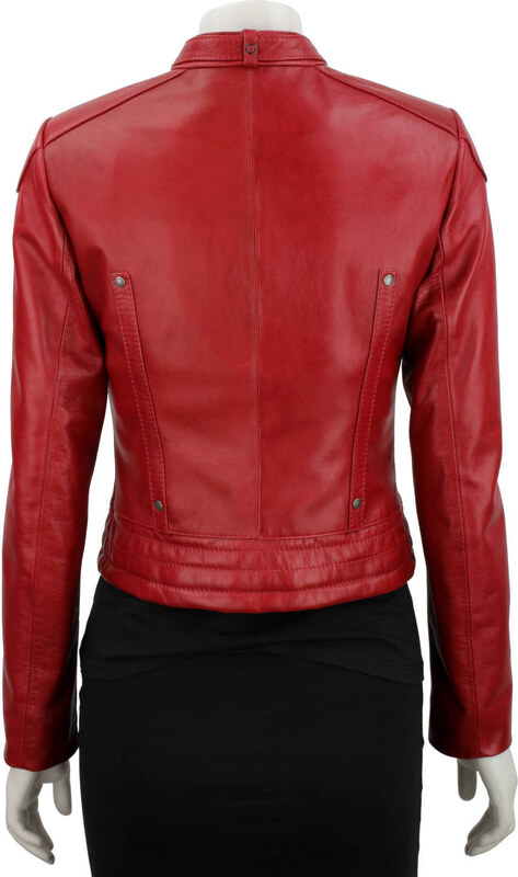 EWA467 - Czerwona skórzana kurtka damska w typie kurtki biker DORJAN