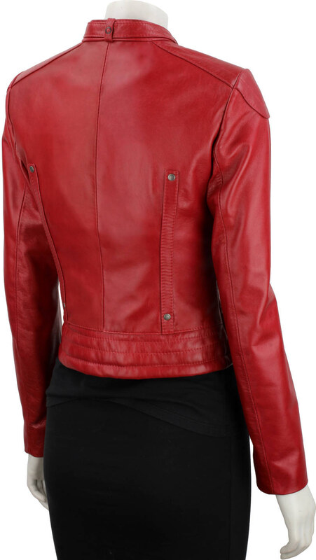 EWA467 - Czerwona skórzana kurtka damska w typie kurtki biker DORJAN