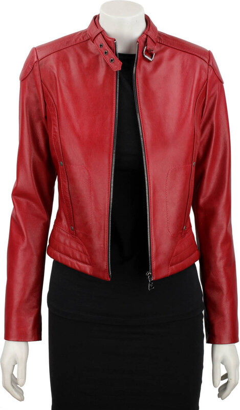 EWA467 - Czerwona skórzana kurtka damska w typie kurtki biker DORJAN
