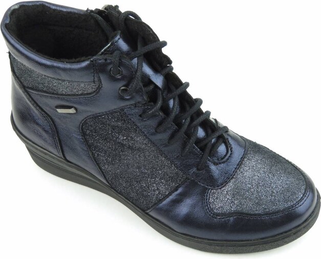 Skórzane botki damskie - HELIOS Komfort 597, granatowe