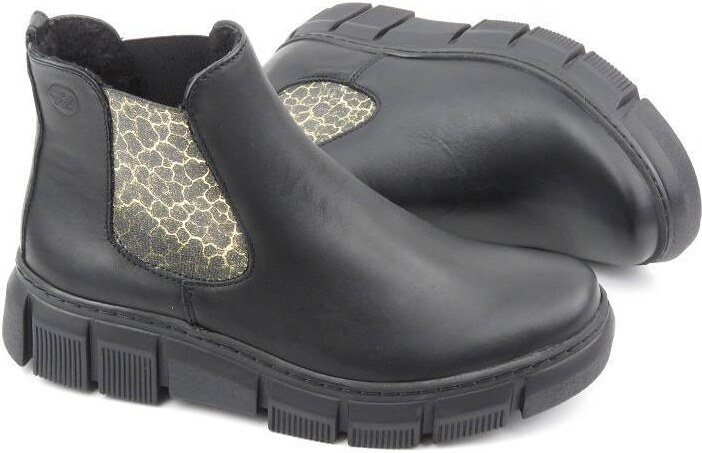 Skórzane sztyblety damskie z panterką - HELIOS Komfort 510S, czarne