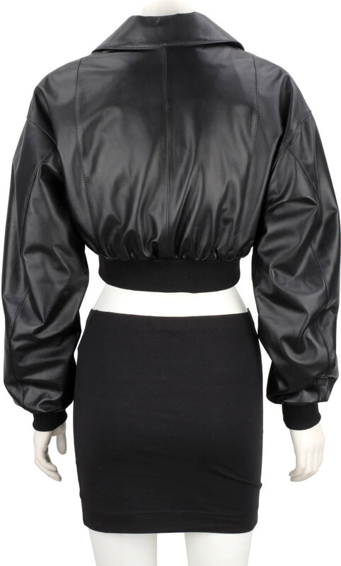 NAT450 - Czarna bomberka skórzana damska z luźnymi rękawami DORJAN