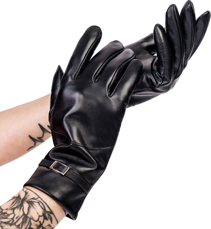 Ocieplane rękawiczki damskie ze skóry naturalnej ze sprzączką - Rovicky