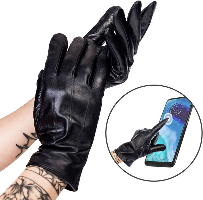 Ocieplane rękawiczki damskie ze skóry naturalnej z przeszyciami - Rovicky