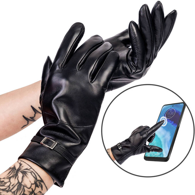 Ocieplane rękawiczki damskie ze skóry naturalnej ze sprzączką - Rovicky