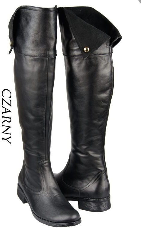 Obuwie Kozaki Damskie Oficerki Muszkieterki Czarne Wysokie cholewka za kolano skóra naturalna 803 ElitaBut