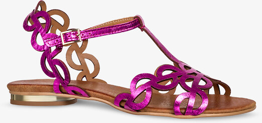 Fuksjowe sandały skórzane damskie metaliczne ażurowe płaskie t-bar PRODUKT POLSKI Casu 3284