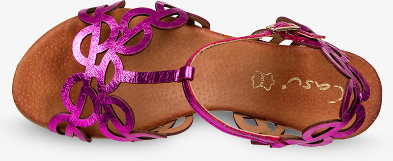 Fuksjowe sandały skórzane damskie metaliczne ażurowe płaskie t-bar PRODUKT POLSKI Casu 3284