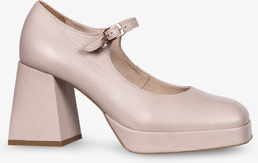 Beżowe czółenka skórzane damskie Mary Jane na klocku z paskiem ozdoba PRODUKT POLSKI Casu 2661-198