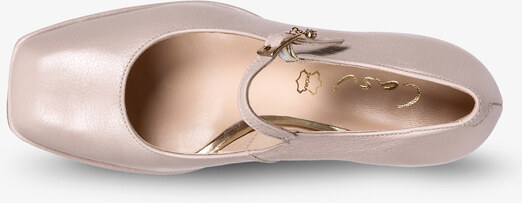 Beżowe czółenka skórzane damskie Mary Jane na klocku z paskiem ozdoba PRODUKT POLSKI Casu 2661-198