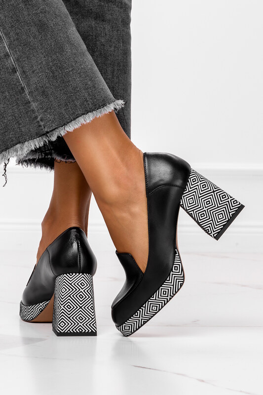 Czarne mokasyny skórzane damskie na ozdobnym klocku PRODUKT POLSKI Casu 09163