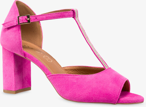 Fuksjowe sandały skórzane damskie na słupku t-bar z zakrytą piętą PRODUKT POLSKI Casu 2998-601-65